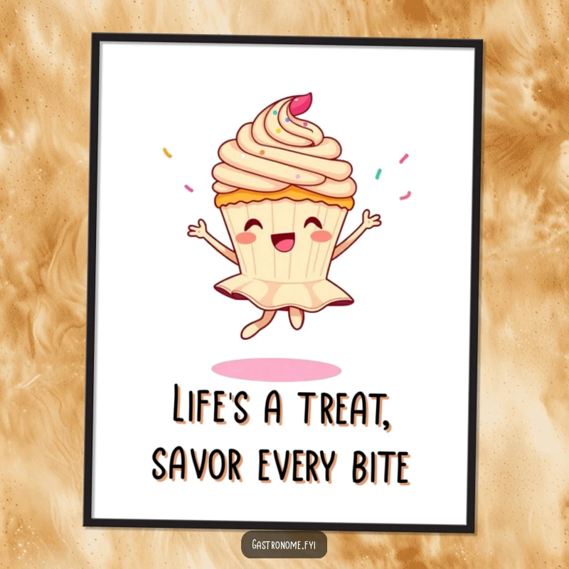 Funny Free Printable Wall Art: A happy cupcake character performing a pirouette with a rain of sprinkles, adding sweet charm to any room.