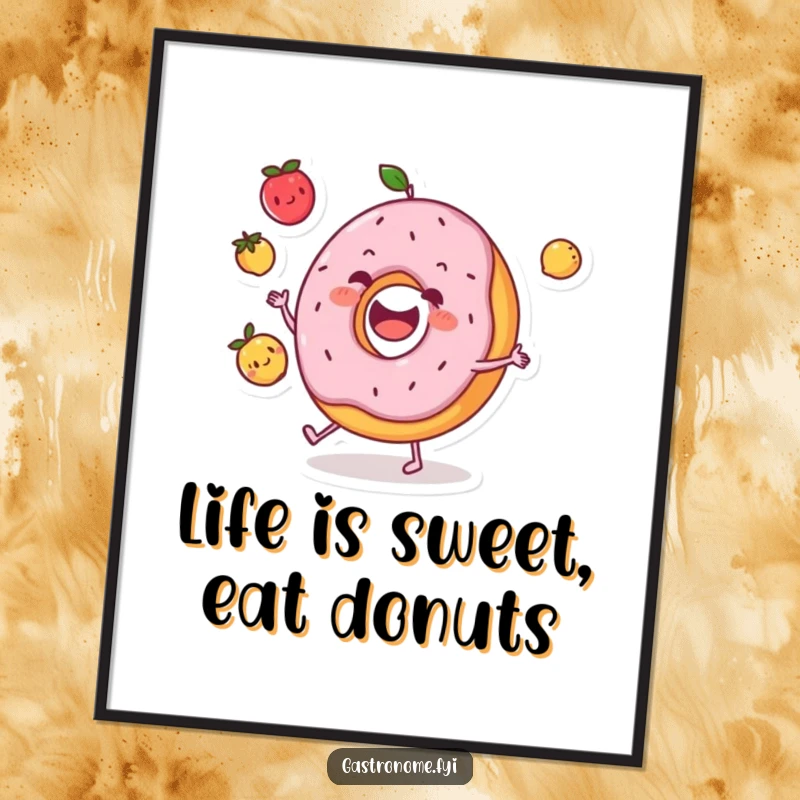 Funny Free Printable Wall Art showing a cheerful donut character in mid-air, juggling three small fruits with a happy expression.