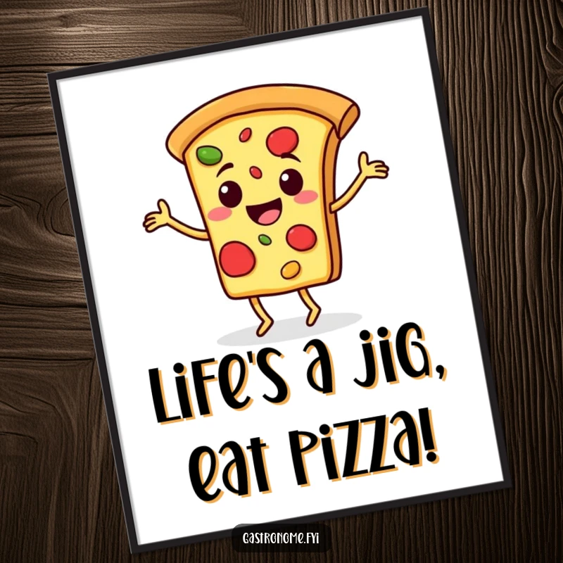Funny Free Printable Wall Art: A cheerful pizza slice character is caught mid-jig, full of cheesy enthusiasm.
