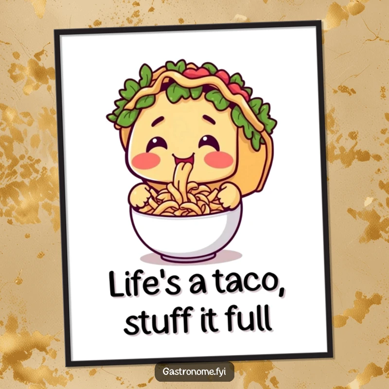 Funny Free Printable Wall Art: A smiling taco character happily slurping a bowl of tiny pasta, a whimsical addition to any decor.