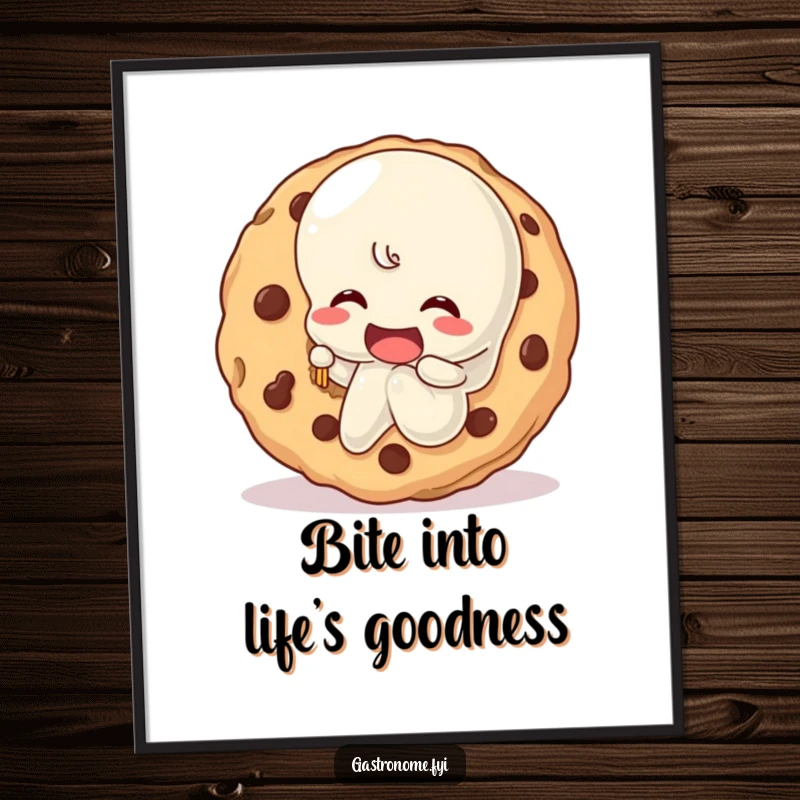 Funny Free Printable Wall Art: A wobbly jelly character happily taking a big bite from a giant cookie, full of sweet delight.