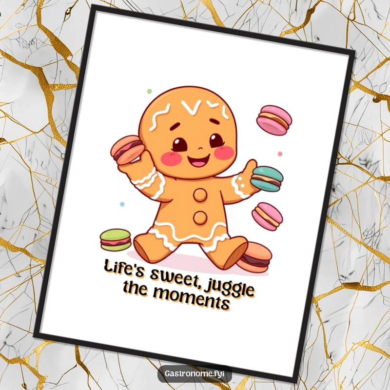 Funny Free Printable Wall Art: A smiling gingerbread man character gleefully juggling colorful miniature macarons, creating a cheerful scene.