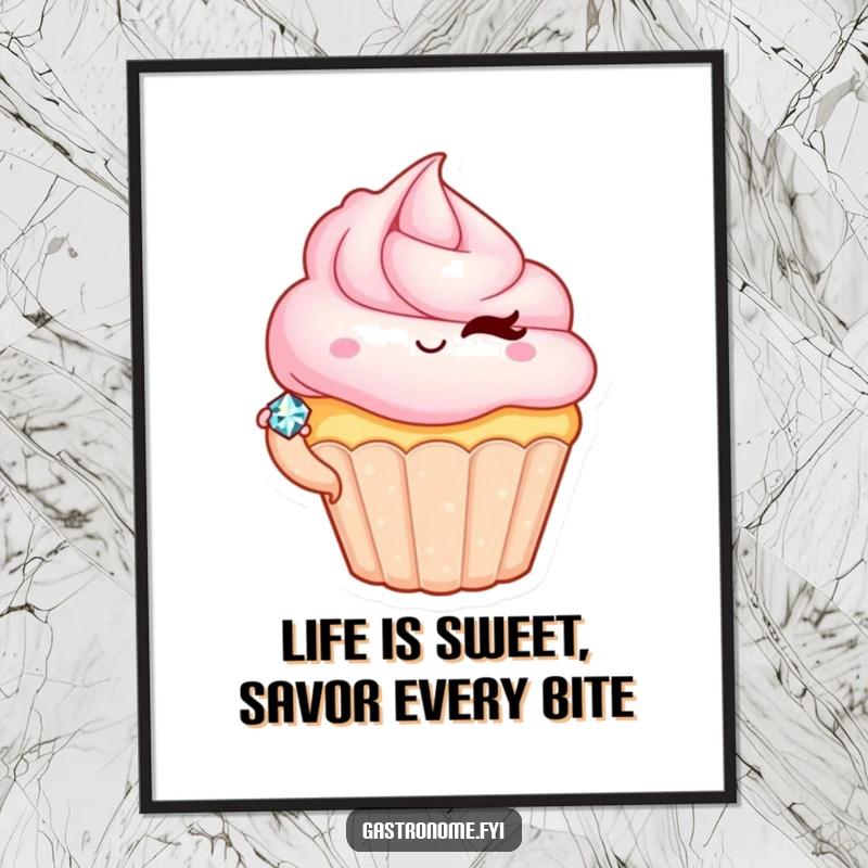 Funny Free Printable Wall Art: Winking cupcake character presents a tiny jewel that sparkles, adding charm.