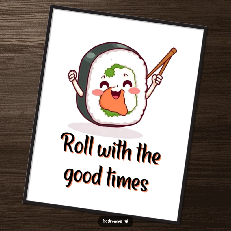 Funny Free Printable Wall Art: A smiling sushi roll enthusiastically waves its chopsticks, adding playful decor to your space.