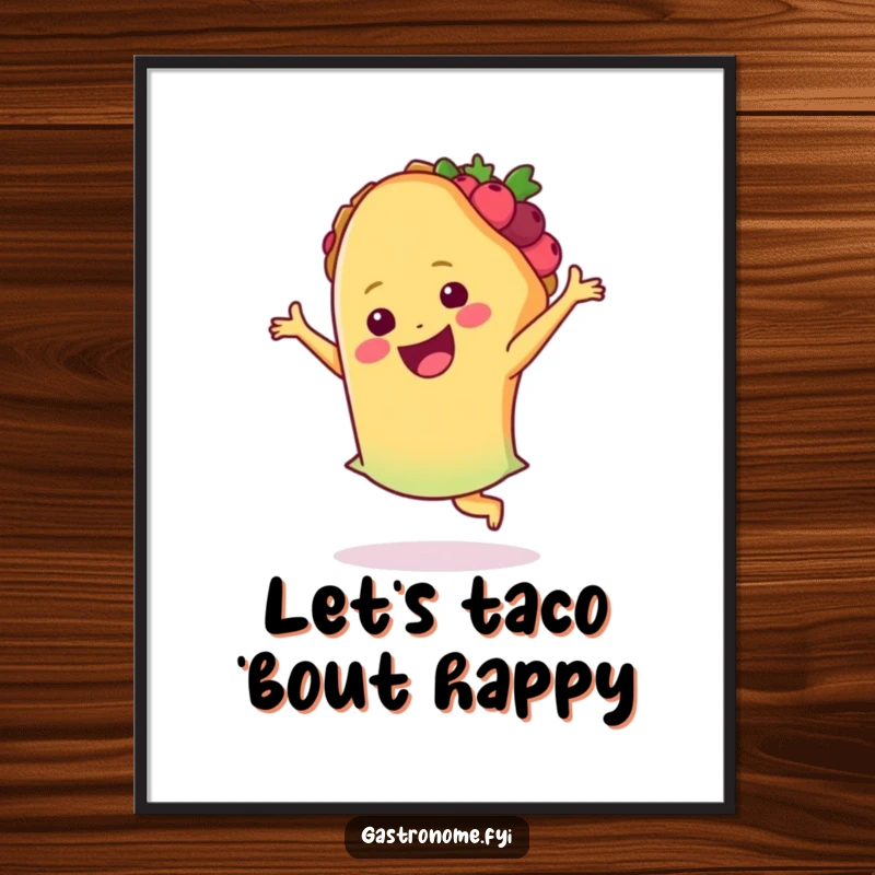 Funny Free Printable Wall Art: A happy taco is captured dancing the salsa, adding vibrant, festive energy to your room.