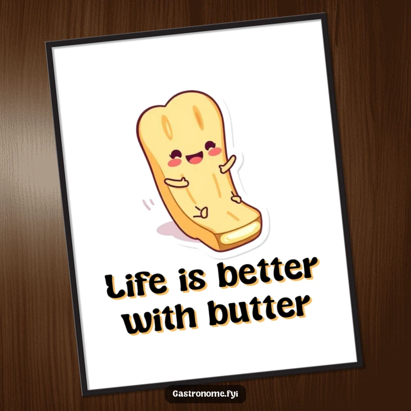 Funny Free Printable Wall Art of a smiling baguette character gleefully sliding down a pat of butter.