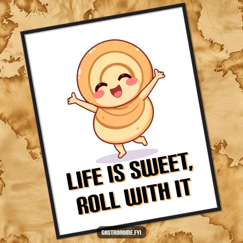 Funny Free Printable Wall Art: An overjoyed cinnamon roll captured mid-cheerful twirl, bringing sweet joy to your wall.