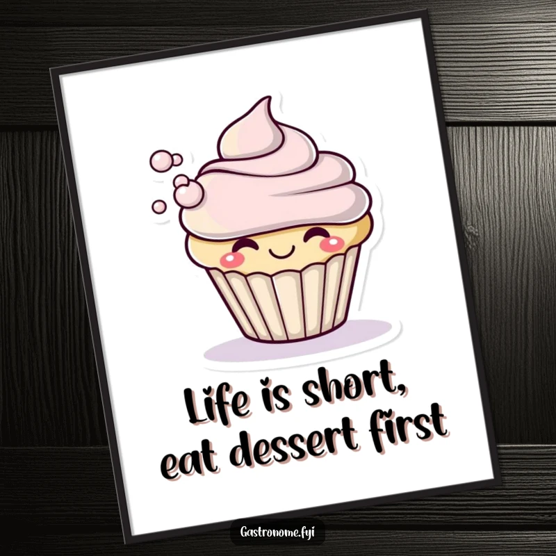 Funny Free Printable Wall Art of a smiling cupcake character dramatically blowing a small puff of frosting.