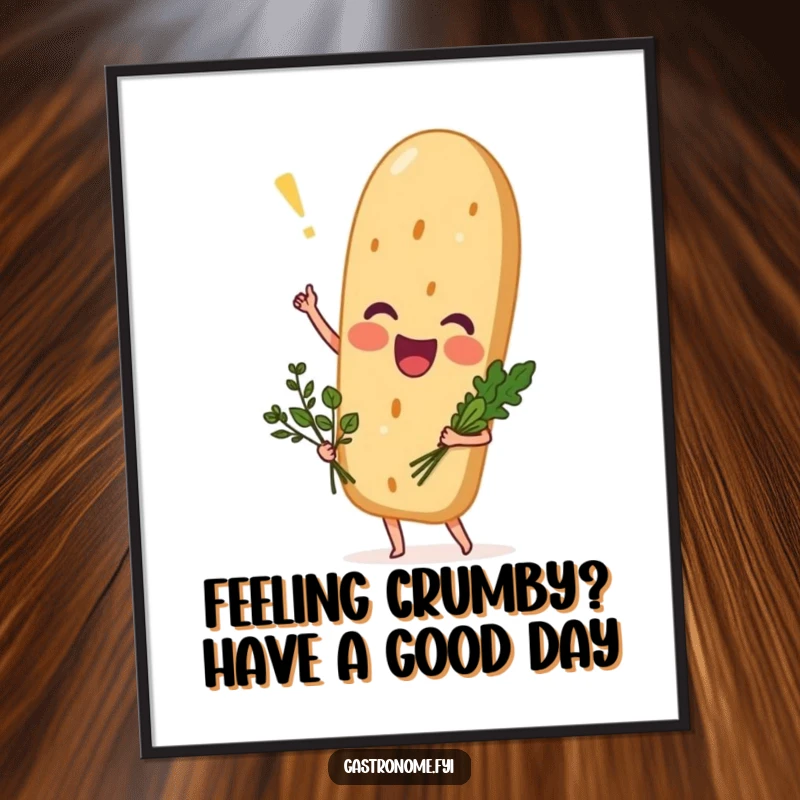 Funny Free Printable Wall Art: An excited baguette proudly holding a miniature bouquet of fresh herbs, ready to brighten a room.