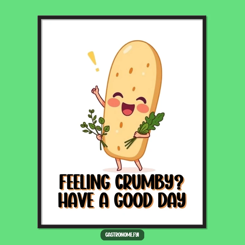 Funny Free Printable Wall Art: Excited Baguette with Herbs, Downloadable Art