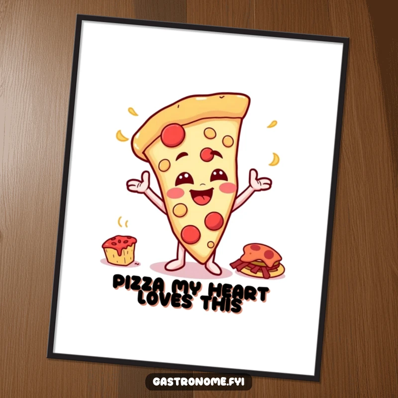 Funny Free Printable Wall Art featuring a happy pizza slice character with a cheesy grin gesturing towards a giant feast, full of food puns.