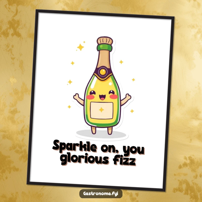 Funny Free Printable Wall Art: A beaming champagne bottle character radiating joy and sparkle, perfect for celebratory spaces.