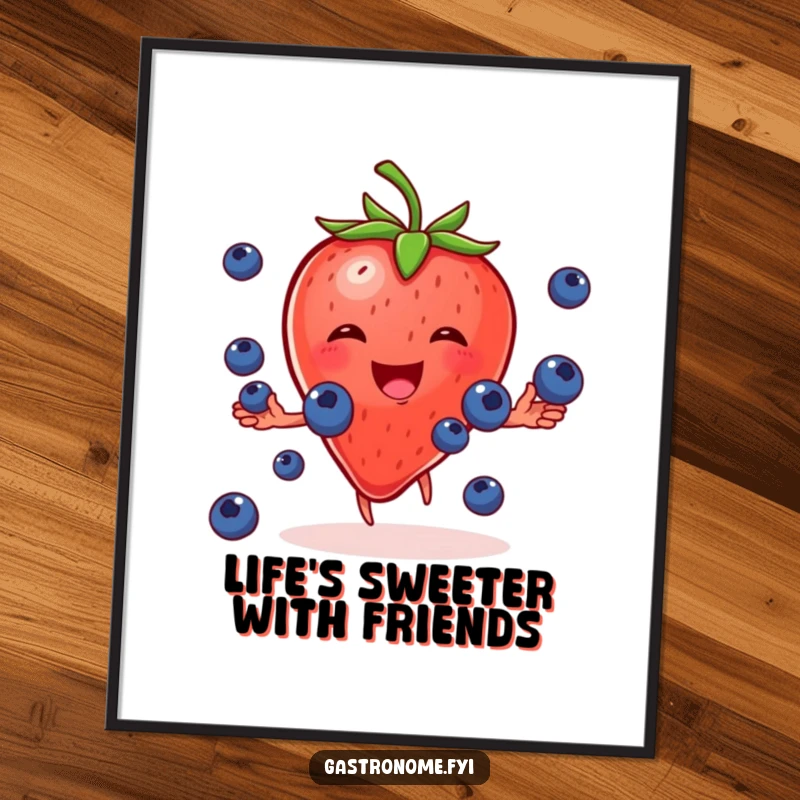 Funny Free Printable Wall Art depicting a cheerful strawberry character gleefully juggling tiny blueberries.
