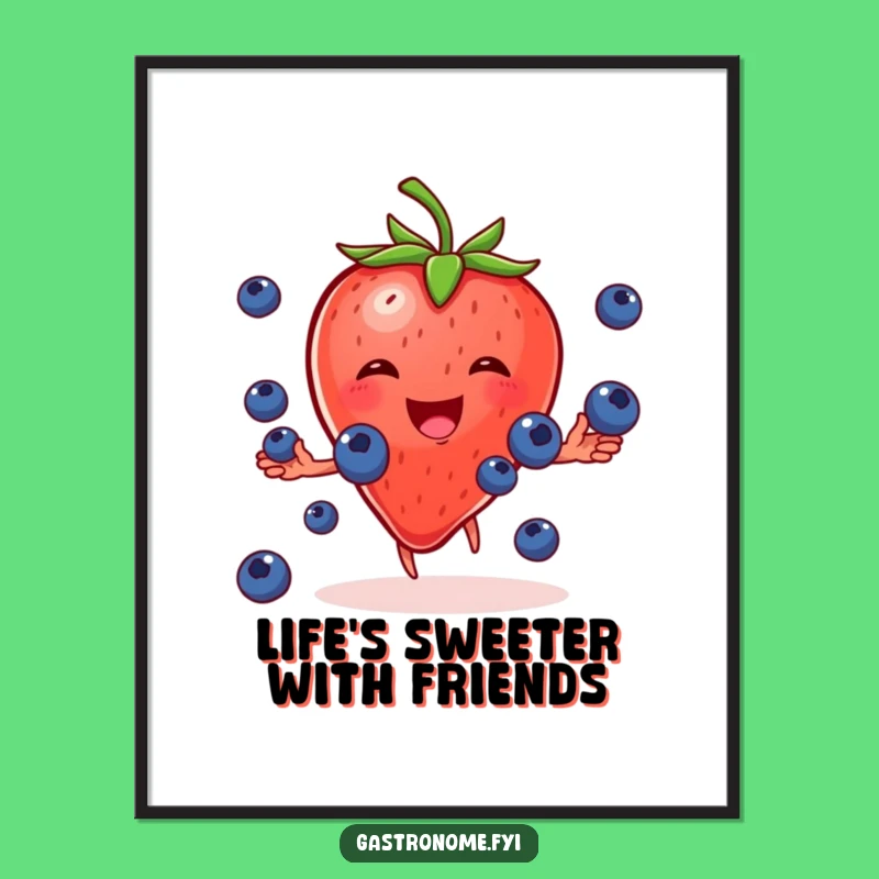 Funny Free Printable Wall Art: Strawberry Juggling Blueberries Fruit Downloadable Decor