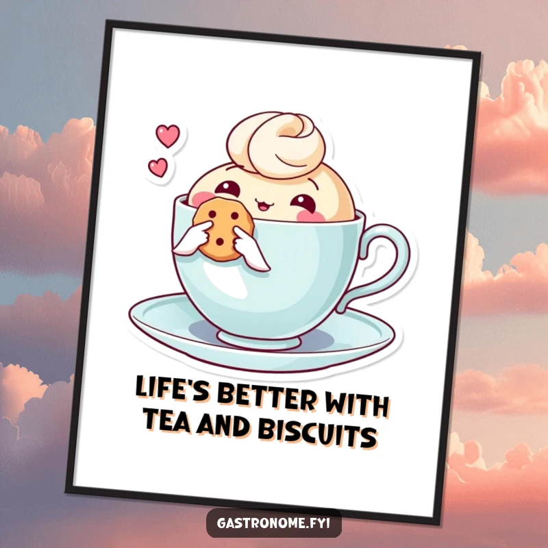 Funny Free Printable Wall Art: A cute teacup character holding a tiny biscuit, radiating warmth and thoughtful charm.
