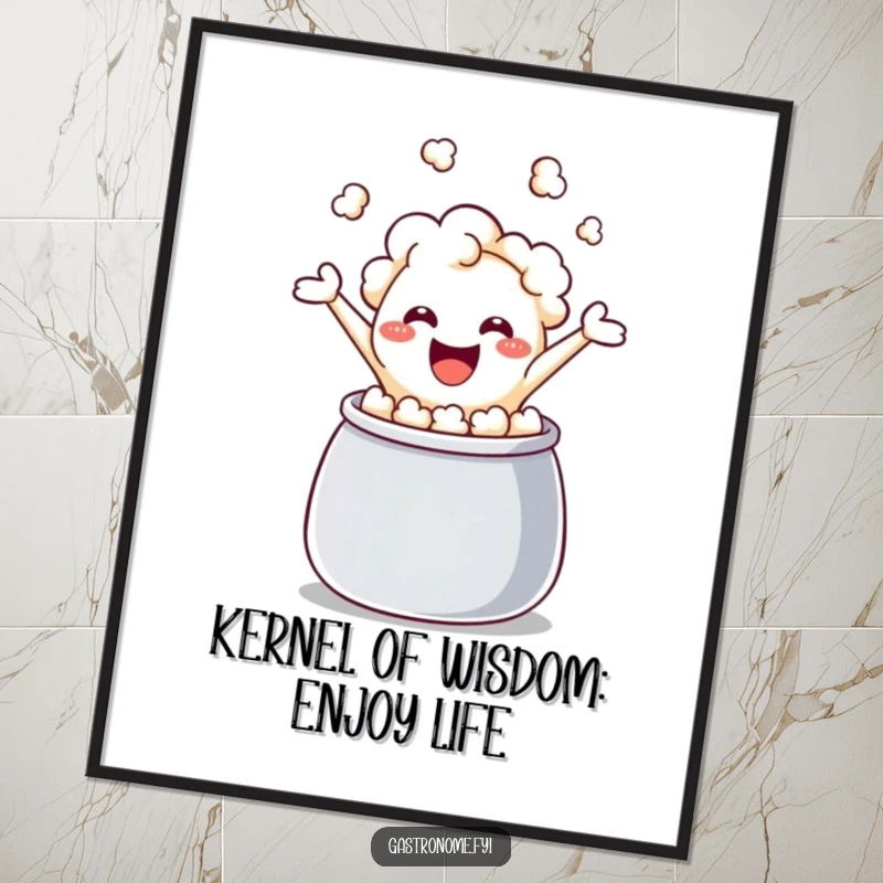 Funny free printable wall art of a joyful popcorn kernel mid-leap from a kettle, radiating happiness and quirky energy.