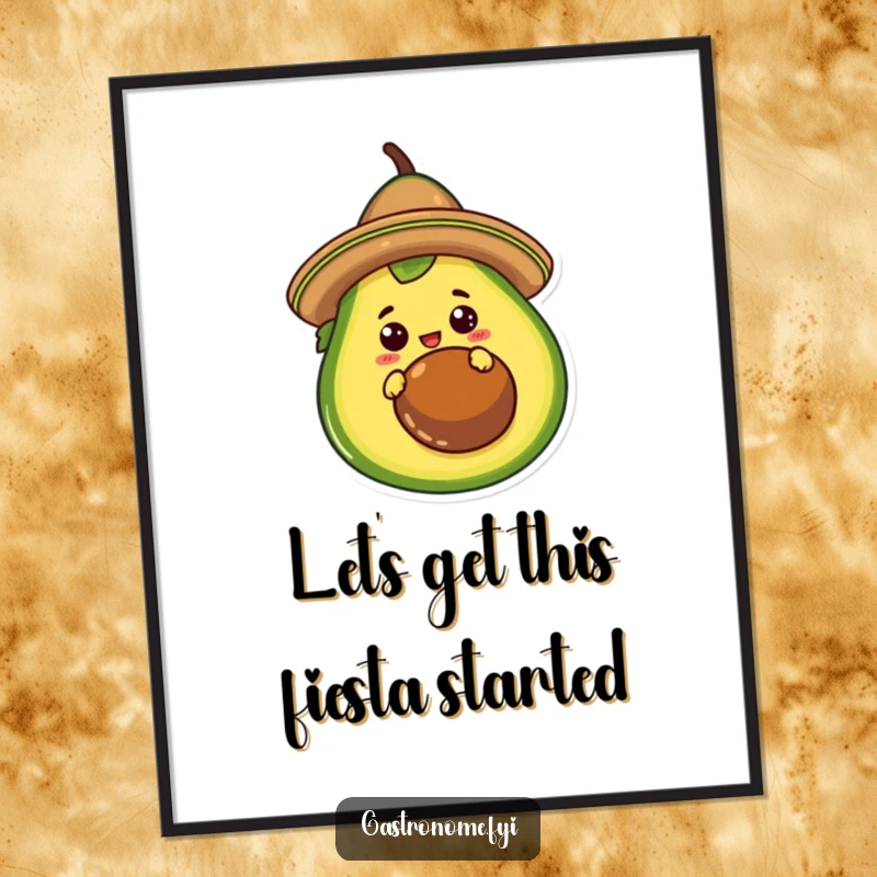 Funny Free Printable Wall Art of a curious taco character in a sombrero peeking mischievously from behind a giant avocado.