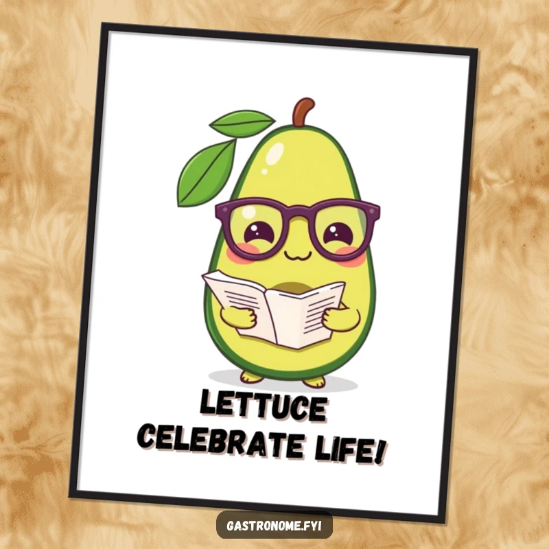 Funny Free Printable Wall Art: A pleased avocado character wearing tiny reading glasses, holding a recipe, looking smart.