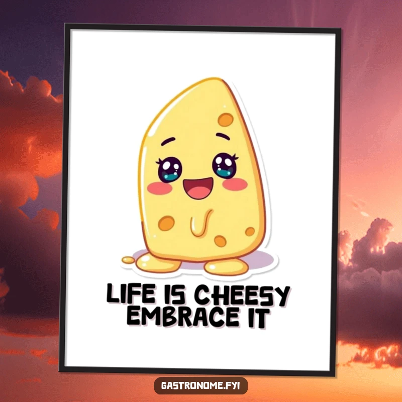 Funny free printable wall art: A cheerful cheese character melting with glee, adding a playful and humorous touch to any room.
