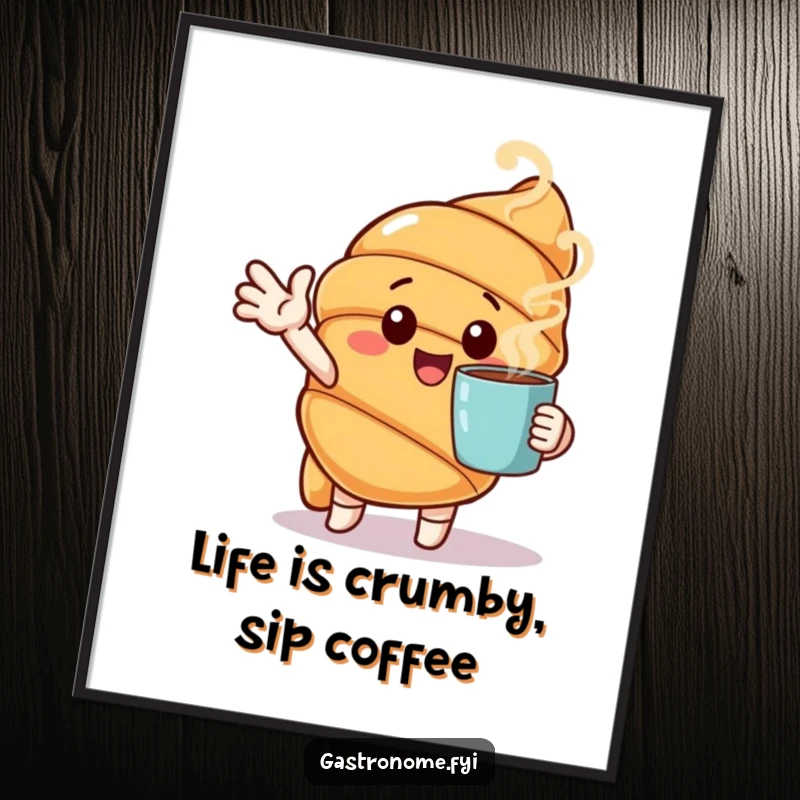 Funny Free Printable Wall Art: A cheerful croissant character enthusiastically gestures towards a steaming cup, perfect for a cozy cafe aesthetic.