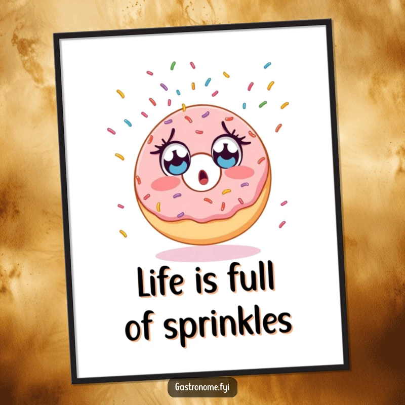 Funny Free Printable Wall Art: A surprised donut character with wide eyes watches endless sprinkles fall, bringing sweet humor to any room.