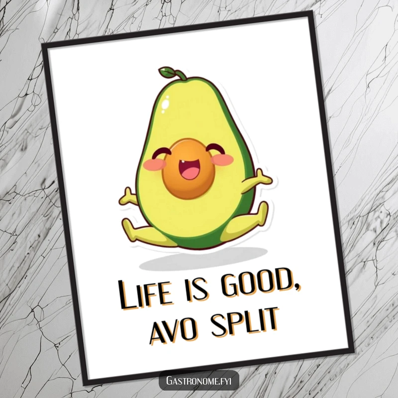 Funny Free Printable Wall Art: A happy avocado character is performing a perfectly executed split with a smile.