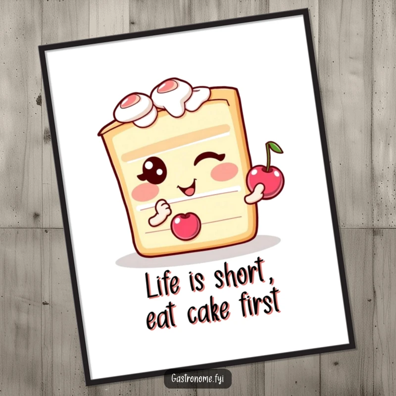 Funny Free Printable Wall Art: A delighted cake slice character winks, holding a cherry, bringing sweet humor to any room.