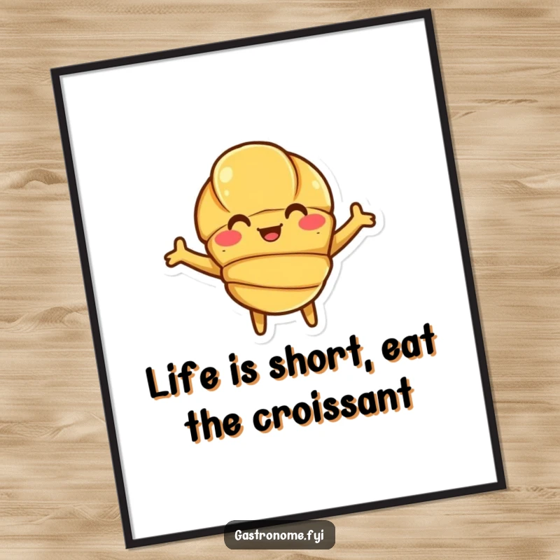 Funny Free Printable Wall Art of a smiling croissant character with arms wide open, offering a warm, edible hug.