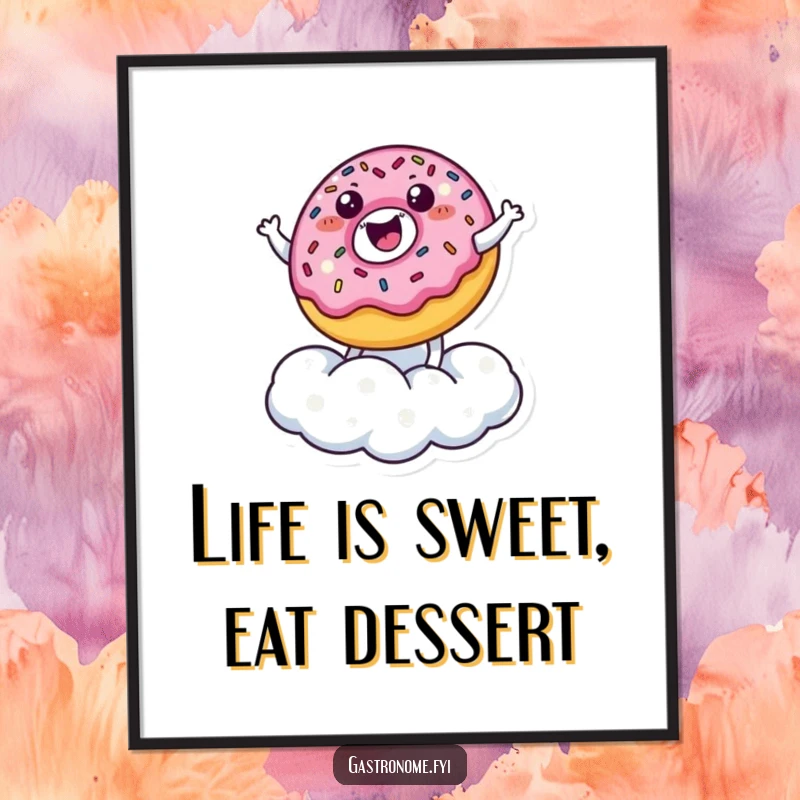 Funny Free Printable Wall Art: A happy donut character with sprinkles joyfully bouncing on a fluffy sugar cloud, sweet decor.