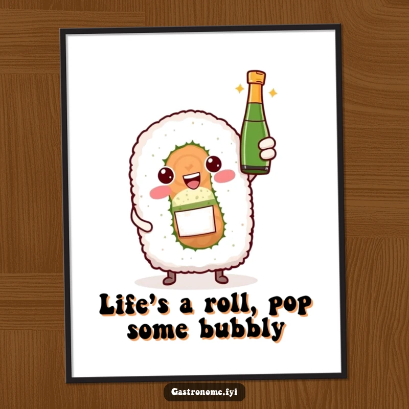 Funny Free Printable Wall Art: An anthropomorphic sushi roll character holding a tiny sparkling wine bottle, celebrating with joy and flair.
