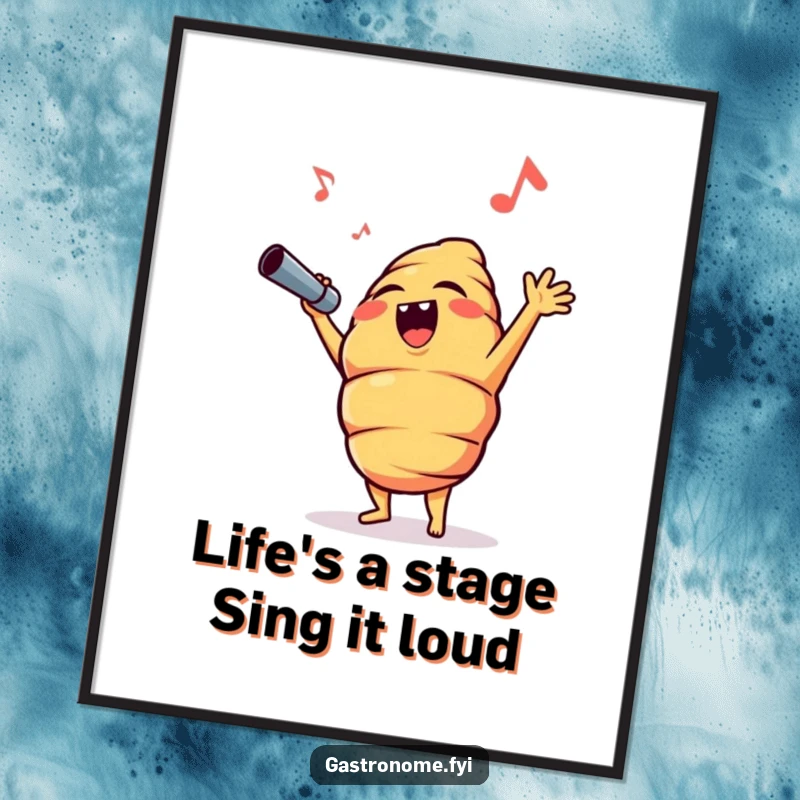 Funny Free Printable Wall Art: An anthropomorphic croissant character hitting a dramatic opera high note, with musical notes floating around.