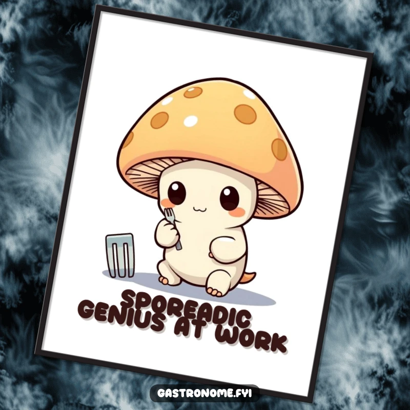 Funny Free Printable Wall Art: A whimsical mushroom character intensely polishing a tiny silver fork, adding charm to any room.