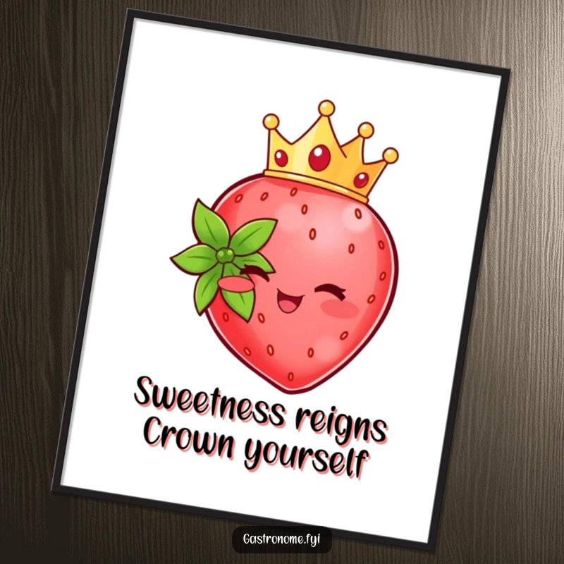 Funny Free Printable Strawberry Wall Art: Beaming strawberry character with a tiny crown, a sweet and humorous piece of downloadable decor.