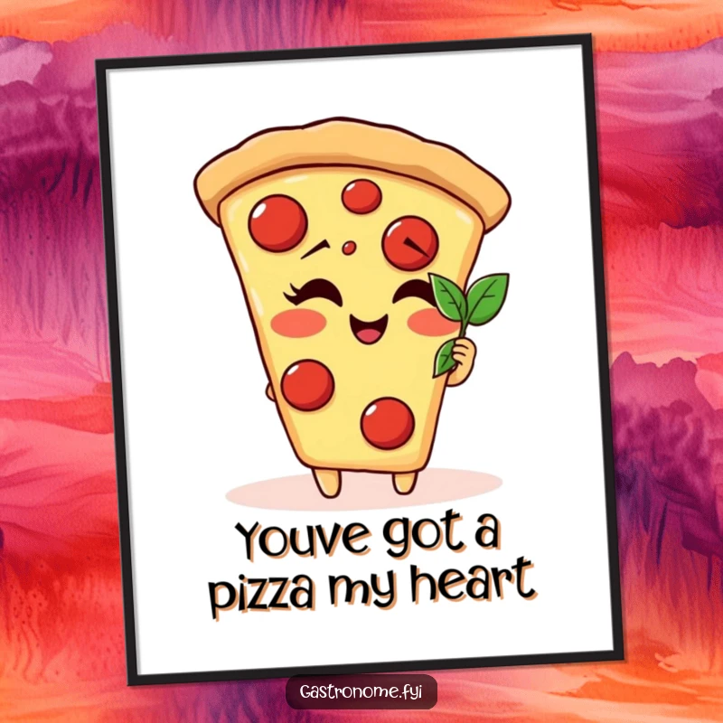 Funny Free Printable Wall Art showing a pizza slice character with a wide giggle, intently admiring a miniature basil leaf.
