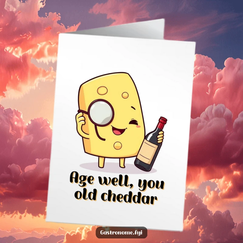 Funny Free Printable Birthday Card: Cheese wedge in monocle tasting wine, exuding sophisticated birthday cheer. Downloadable and delightful.