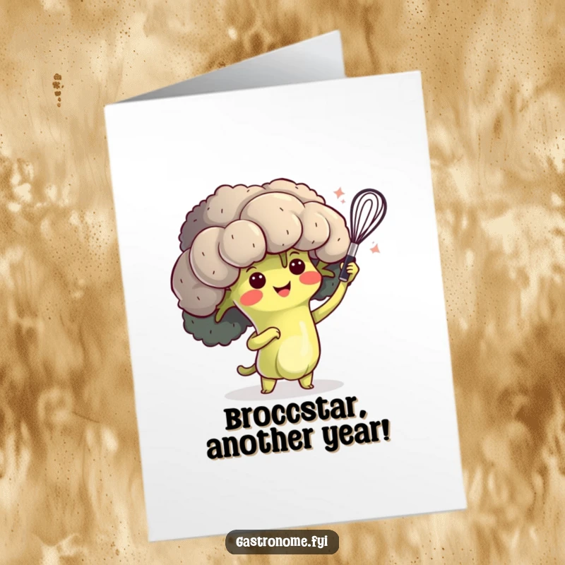 Funny Free Printable Birthday Card: Happy broccoli character dramatically flourishing a tiny whisk, ready to celebrate with flair.