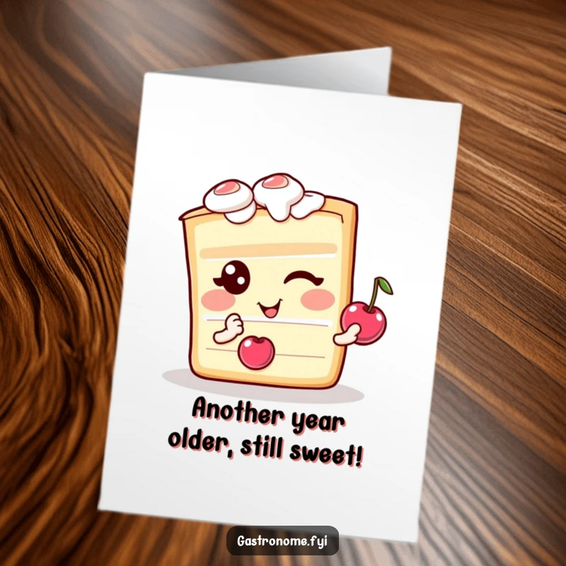 Funny Free Printable Birthday Card: A delighted cake slice character winks playfully holding a cherry, ready for birthday wishes.