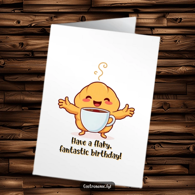 Funny Free Printable Birthday Card featuring a happy croissant character embracing a steaming coffee cup with outstretched arms.