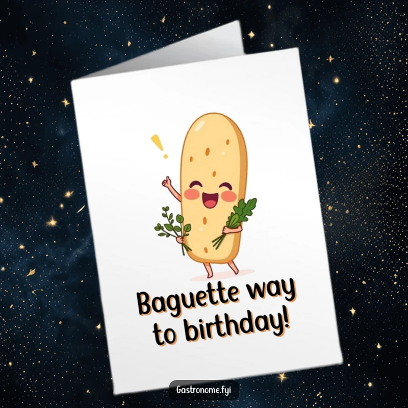 Funny Free Printable Birthday Card: Excited baguette holding tiny herb bouquet, ready to celebrate with a laugh.