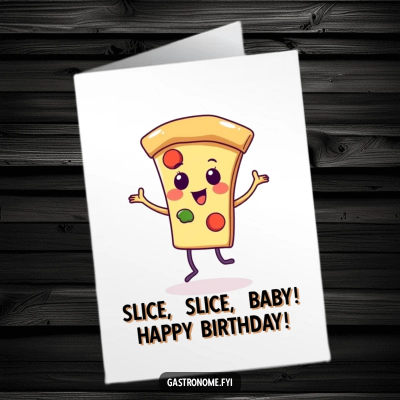 Funny Free Printable Birthday Card: Vibrant pizza slice doing a joyful dance, radiating cheesy birthday cheer.