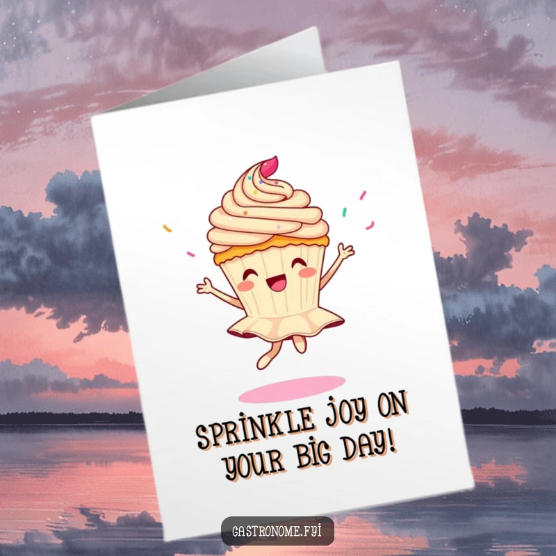 Funny Free Printable Birthday Card: Delighted cupcake character performing a graceful pirouette as colorful sprinkles rain down, celebrating merrily.
