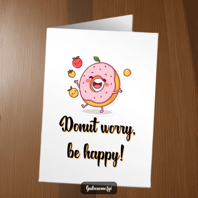 Funny Free Printable Birthday Card featuring a joyful donut character happily juggling three tiny fruits, perfect for a cheerful occasion.