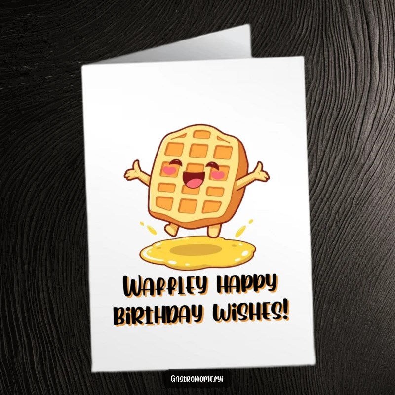 Funny free printable birthday card: A delighted waffle character mid-leap over a syrup puddle, full of birthday energy.