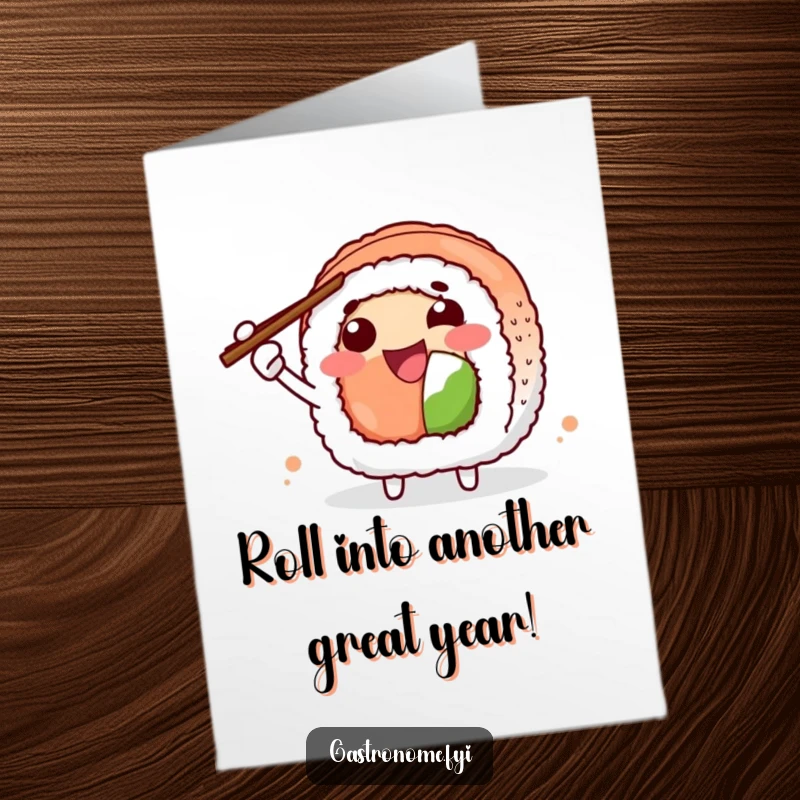 Funny Free Printable Birthday Card featuring a joyful sushi roll character with chopsticks enthusiastically gesturing a happy birthday wish.