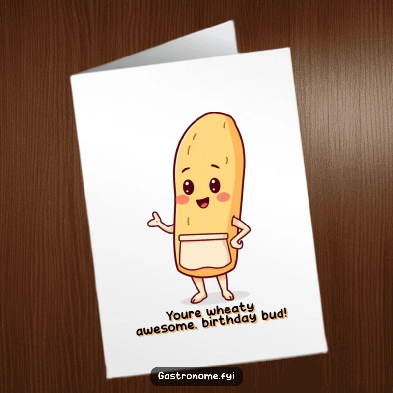 Funny Free Printable Birthday Card showing a proud baguette character in a tiny apron, ready to celebrate with a smile.