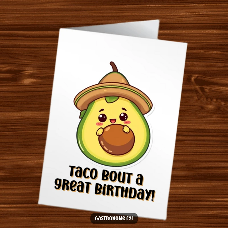 Funny Free Printable Birthday Card of a curious taco character in a sombrero peeking from behind a giant avocado.