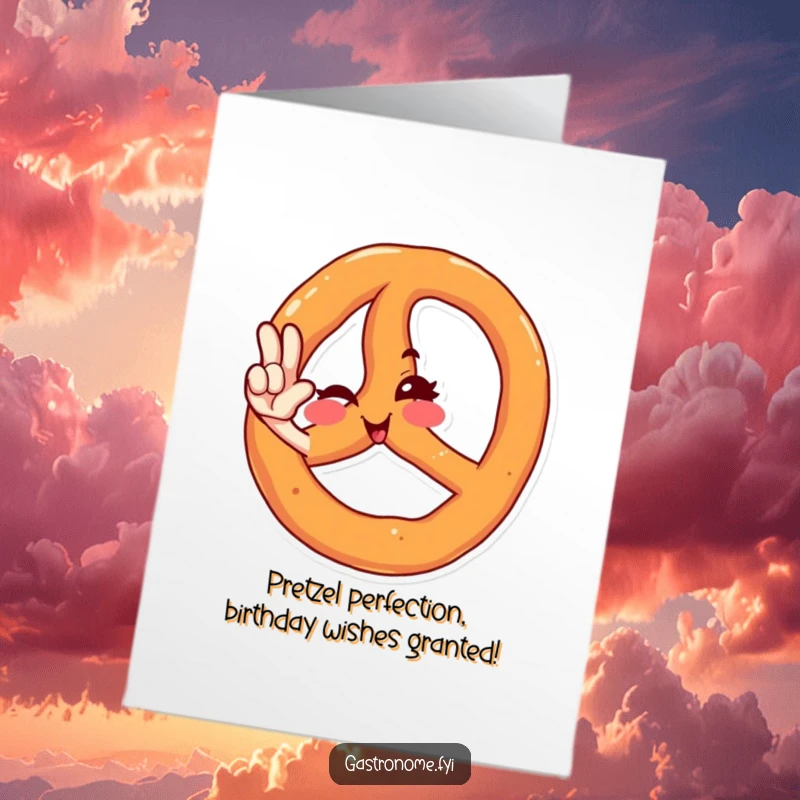 Funny Free Printable Birthday Card featuring a winking pretzel character in a crisp, stylish salute, ready to party.