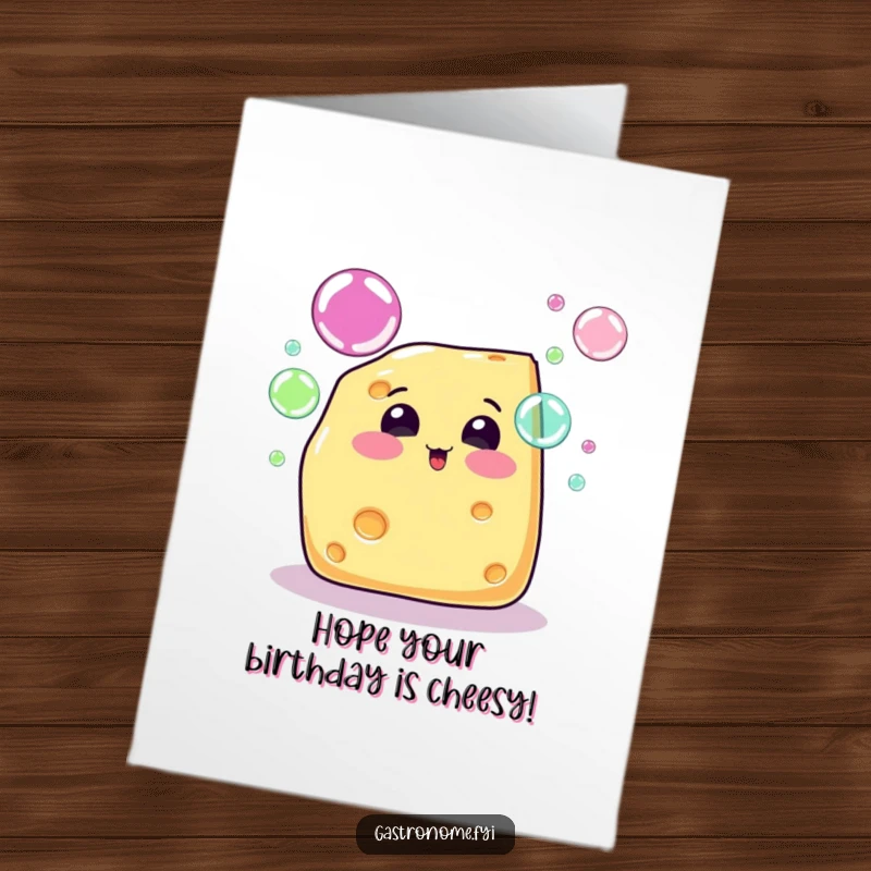 Funny Free Printable Cheese Birthday Card: Bubbly cheese wedge character blowing rainbow bubbles, wishing a cheese-tastic birthday.