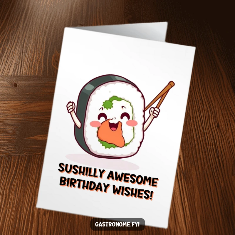 Funny Free Printable Happy Birthday Card featuring a smiling sushi roll enthusiastically waving chopsticks like tiny batons, ready to party.