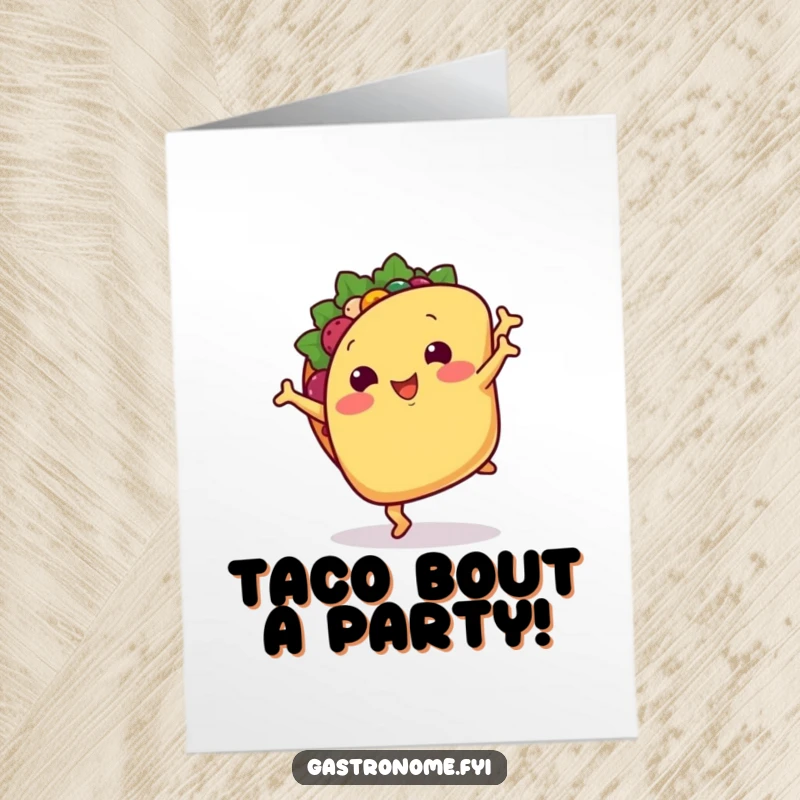 Funny Free Printable Birthday Card: A smiling taco with tiny arms performs a cartwheel, celebrating with festive flair. Downloadable gift.